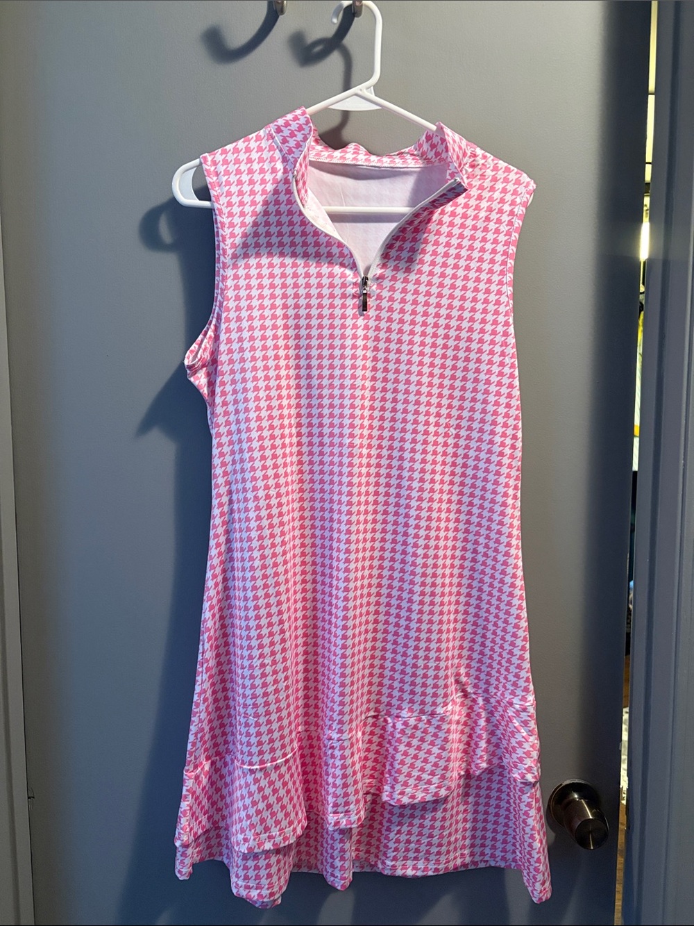 Girls' Pink Houndstooth Sleeveless Zip-Front Dress